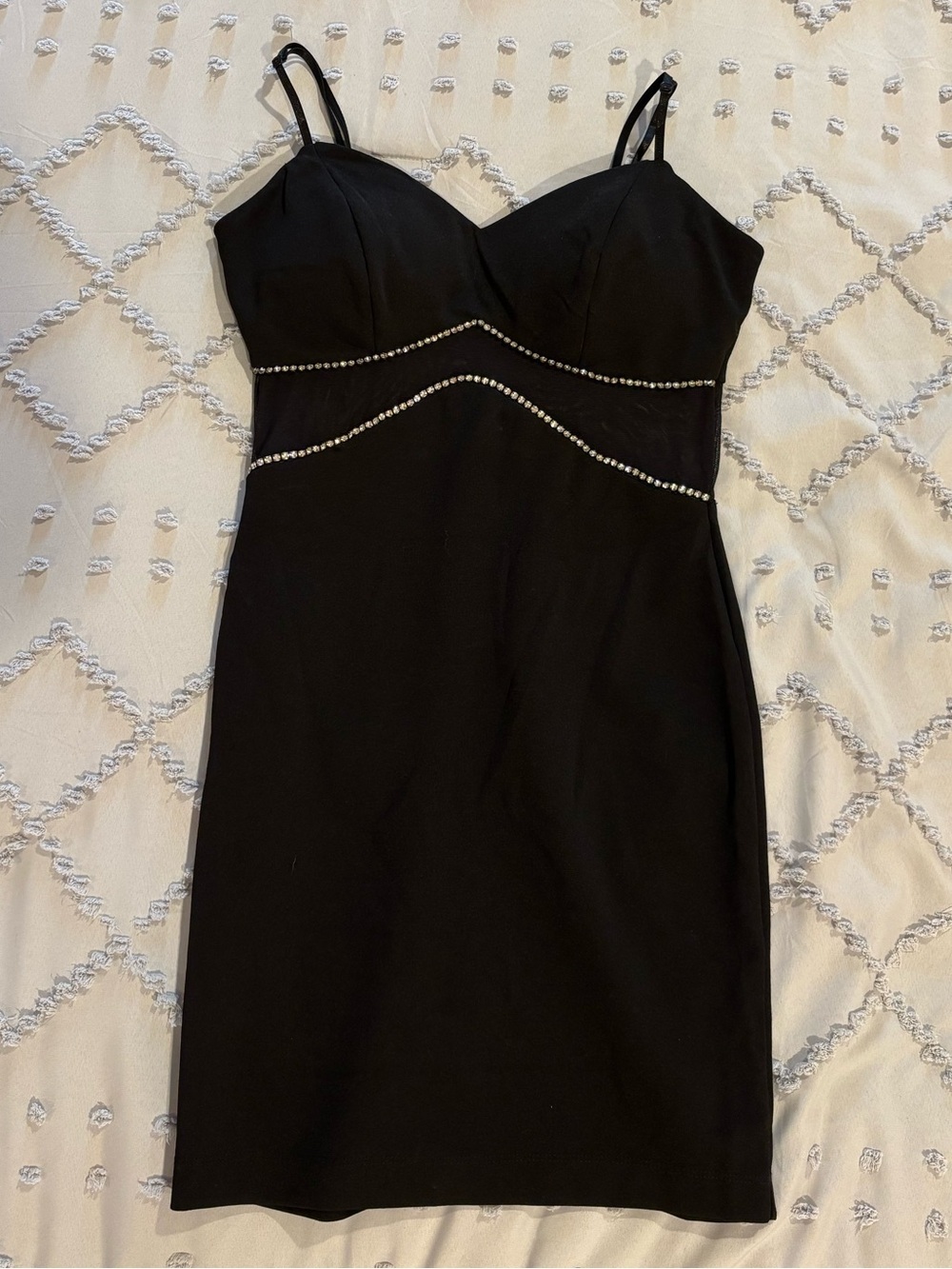 Emerald Sundae Black Spaghetti Strap Mini Dress with Rhinestone Trim